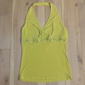 Y2K Summer Green Halter Top w/ Sparkle Flower Detailing - Size XS